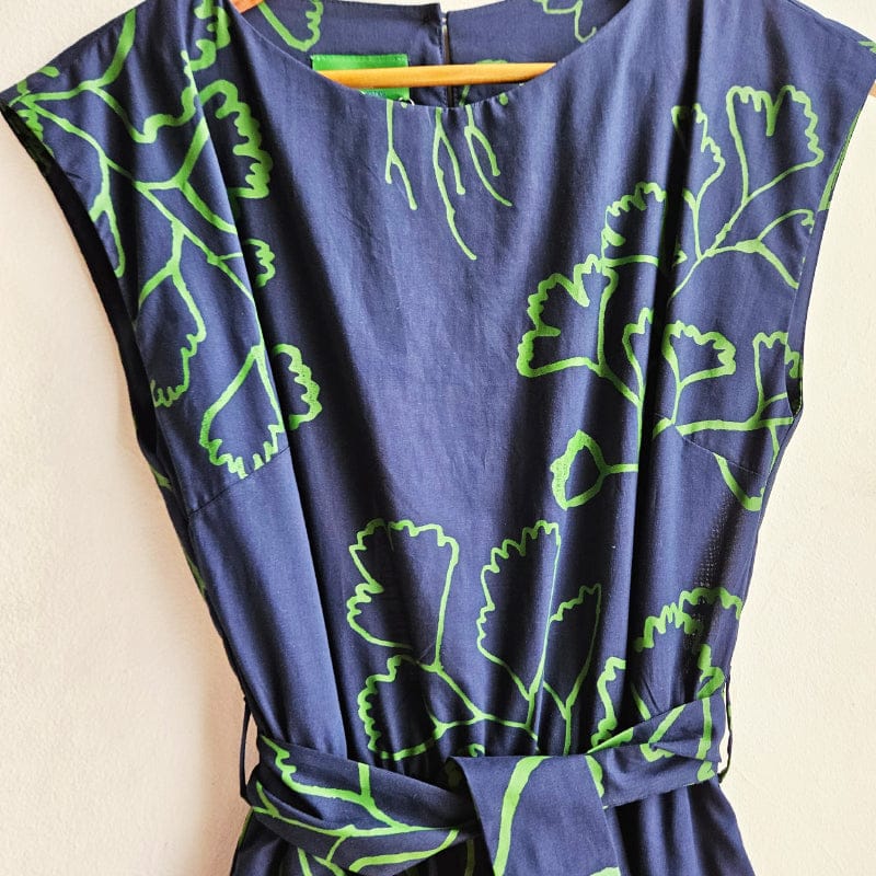 Bateau Dress Hand Printed Fern on Navy