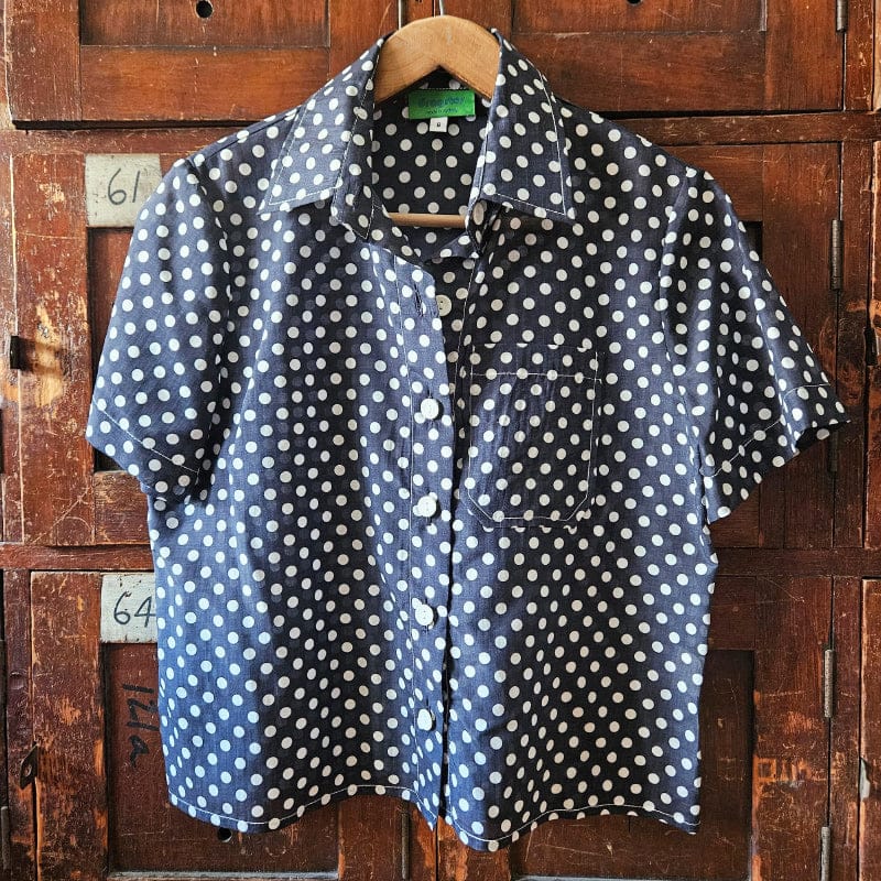 Katie Cropped Shirt Navy Silk Blend with Spots