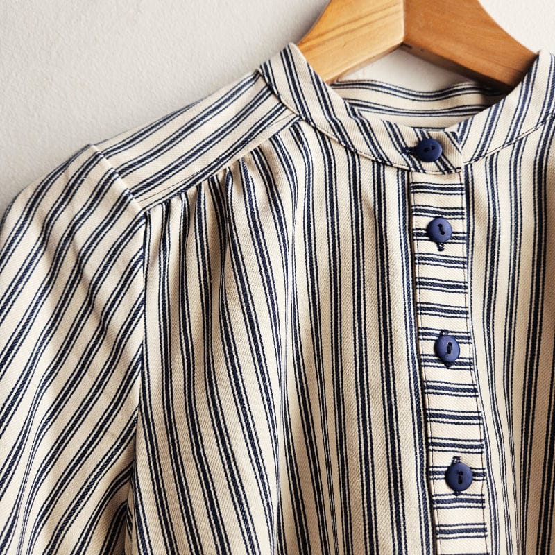 Dragstar made in sydney. Stand Collar Shirt Ticking Stripe. Deadstock fabric. Designer Newtown Inner West