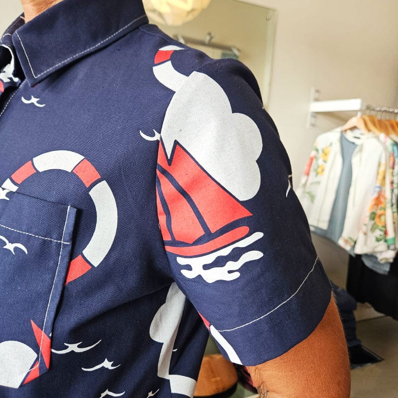 Katie Cropped Shirt Navy Cotton Boat Print