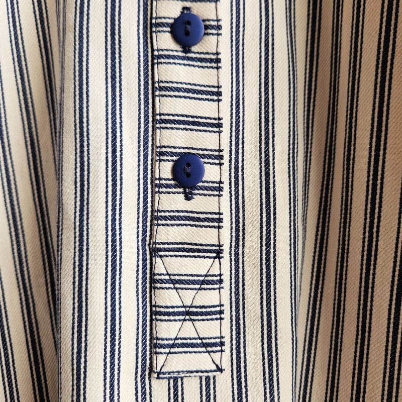 Dragstar made in sydney. Stand Collar Shirt Ticking Stripe. Deadstock fabric. Designer Newtown Inner West