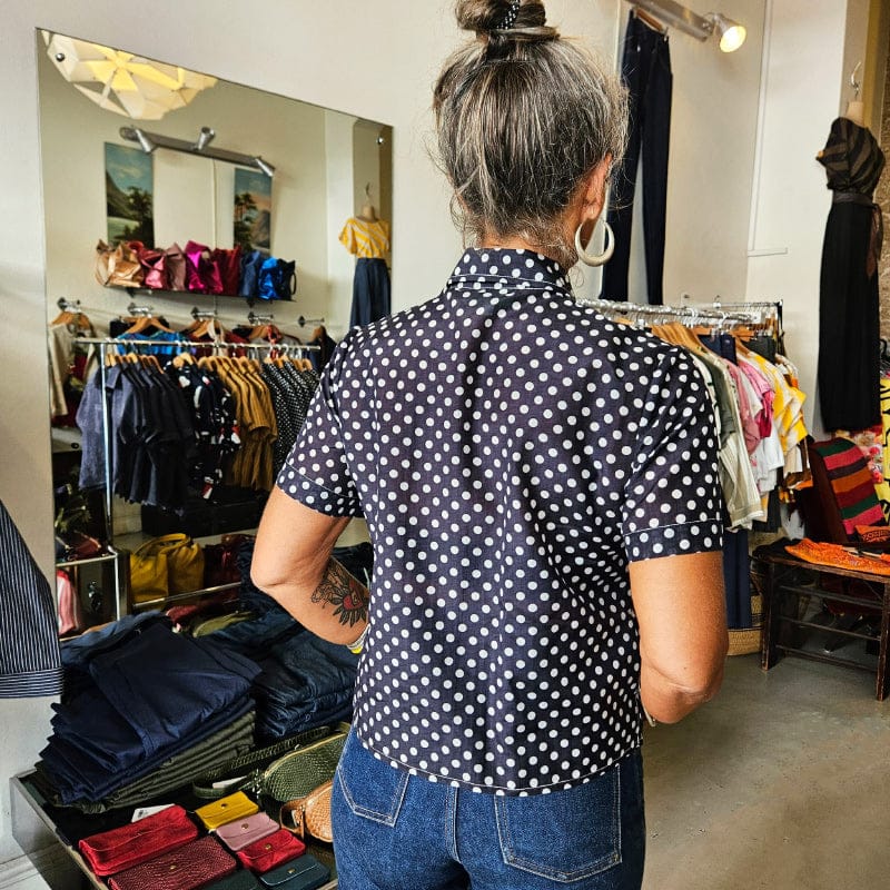 Katie Cropped Shirt Navy Silk Blend with Spots