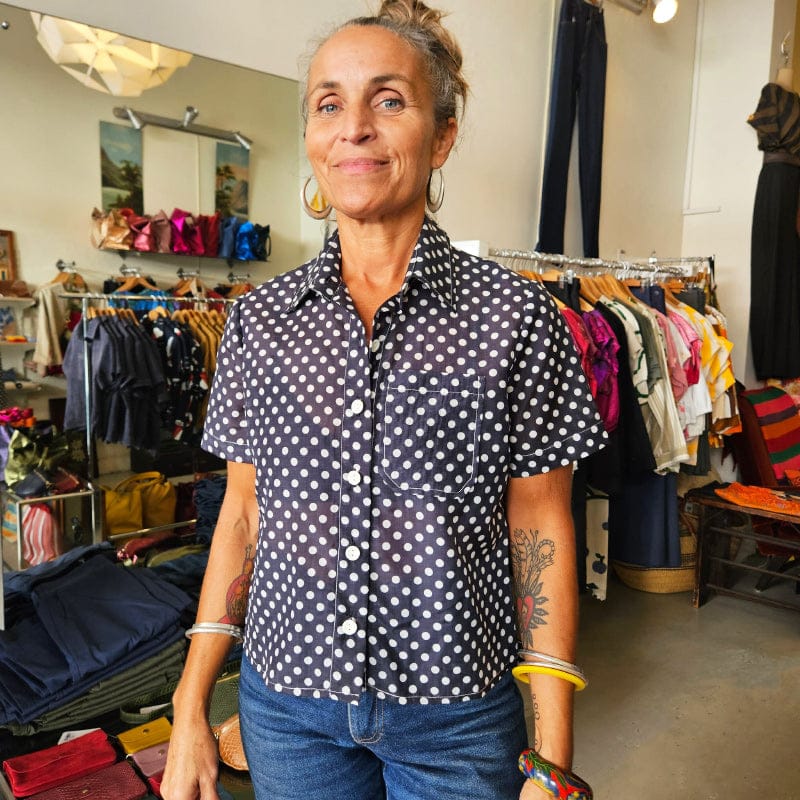 Katie Cropped Shirt Navy Silk Blend with Spots