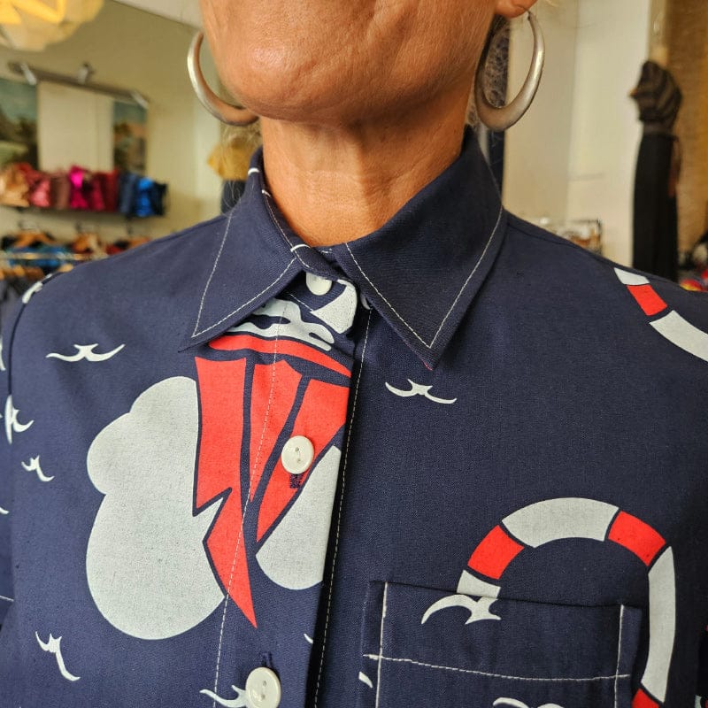 Katie Cropped Shirt Navy Cotton Boat Print