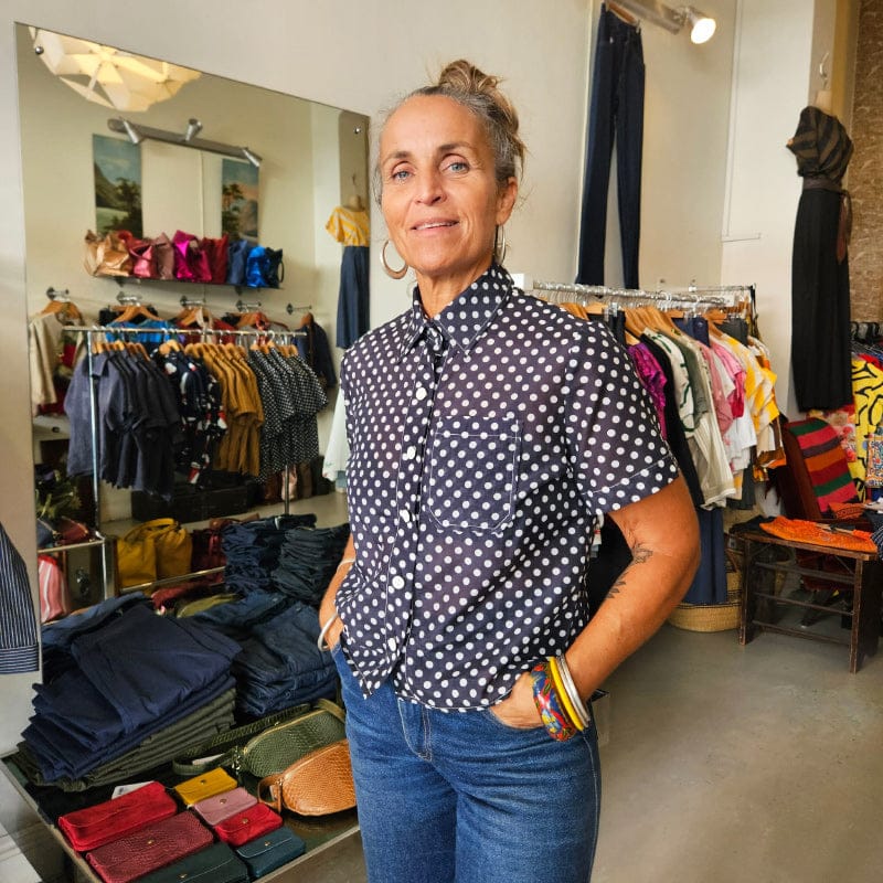 Katie Cropped Shirt Navy Silk Blend with Spots