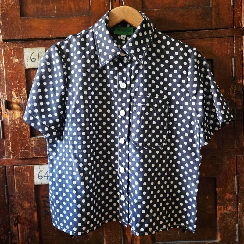 Katie Cropped Shirt Navy Silk Blend with Spots