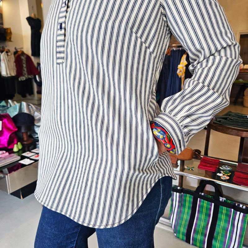 Dragstar made in sydney. Stand Collar Shirt Ticking Stripe. Deadstock fabric. Designer Newtown Inner West