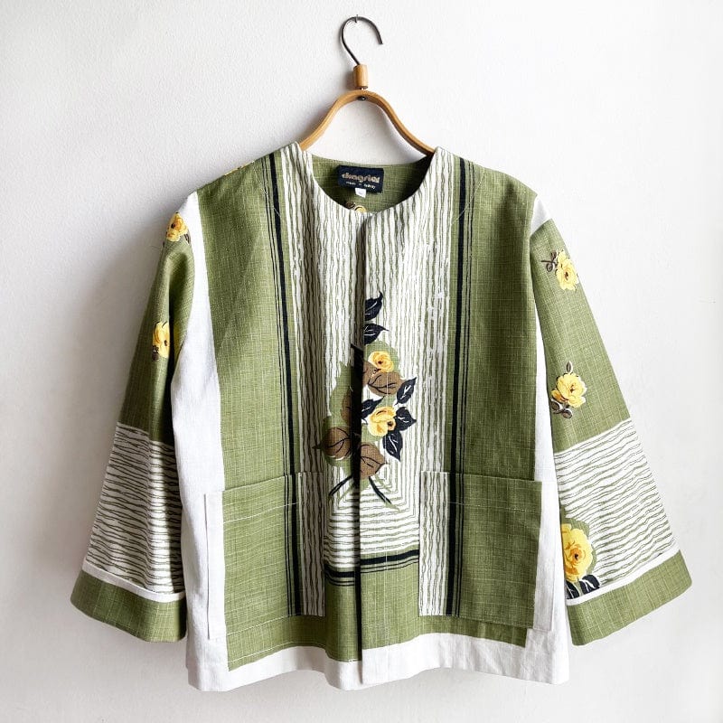 Dragstar Vintage Fabric Boxy Jacket No.3 Sage with Yellow Roses