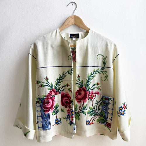 Vintage Boxy Jacket Small Luxe Floral Embroidery on Cream