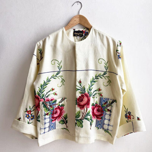 Vintage Fabric Boxy Jacket MEDIUM Deluse Floral Embroidery