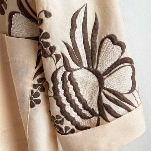 Vintage Fabric Boxy Jacket MEDIUM Deluxe Cream Brown Orchids