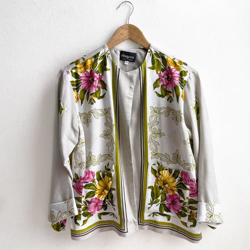 Vintage Fabric Boxy Jacket MEDIUM Grey with Pink and Yellow Flowers