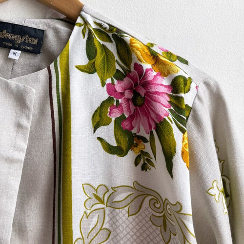 Vintage Fabric Boxy Jacket MEDIUM Grey with Pink and Yellow Flowers