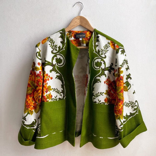 Vintage Fabric Boxy Jacket MEDIUM Deep Green w Orange Blooms Rayon