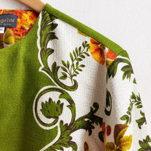 Vintage Fabric Boxy Jacket MEDIUM Deep Green w Orange Blooms Rayon