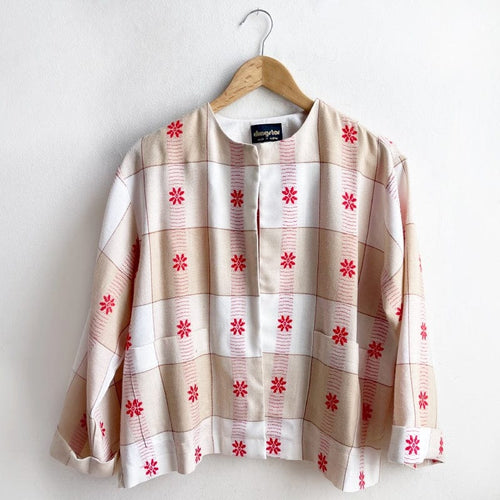 Vintage Fabric Boxy Jacket LARGE Check with Red Flowers
