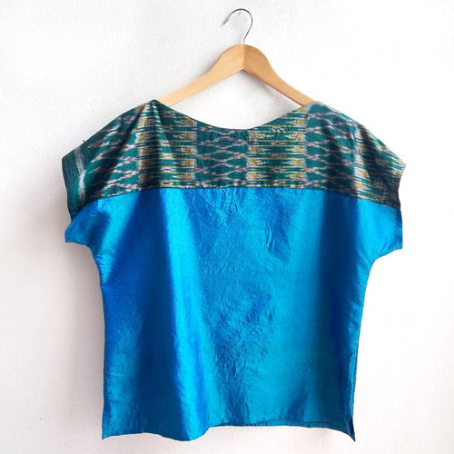 Two Tone Vintage Silk Top Small Ikat Teal 4