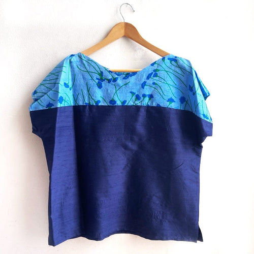 Two Tone Vintage Silk Top Large Flowers Navy