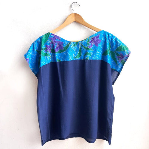 Two Tone Vintage Silk Top Large Purple Flower Navy