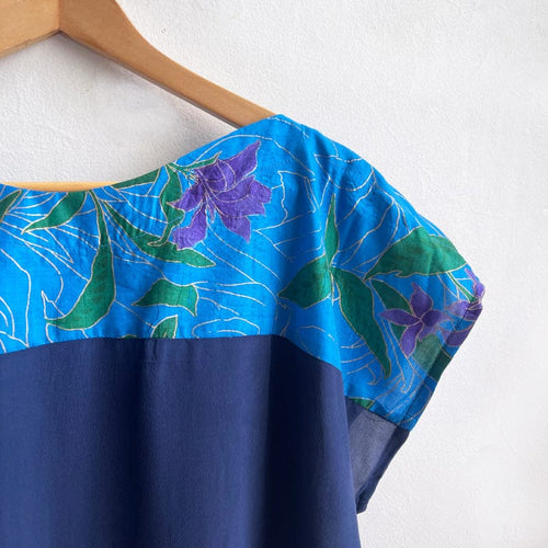 Two Tone Vintage Silk Top Large Purple Flower Navy