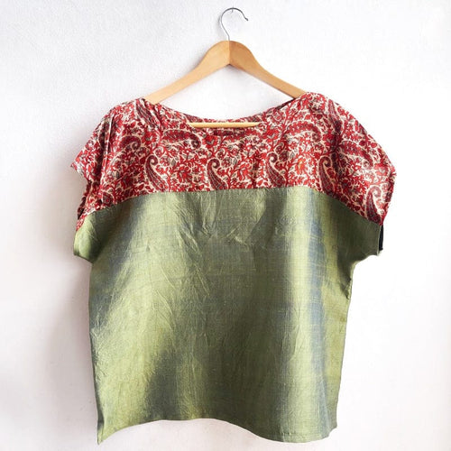 Two Tone Vintage Silk Top Large Paisley Green