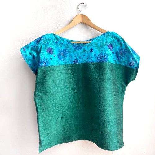 Two Tone Vintage Silk Top Large Floral / Green