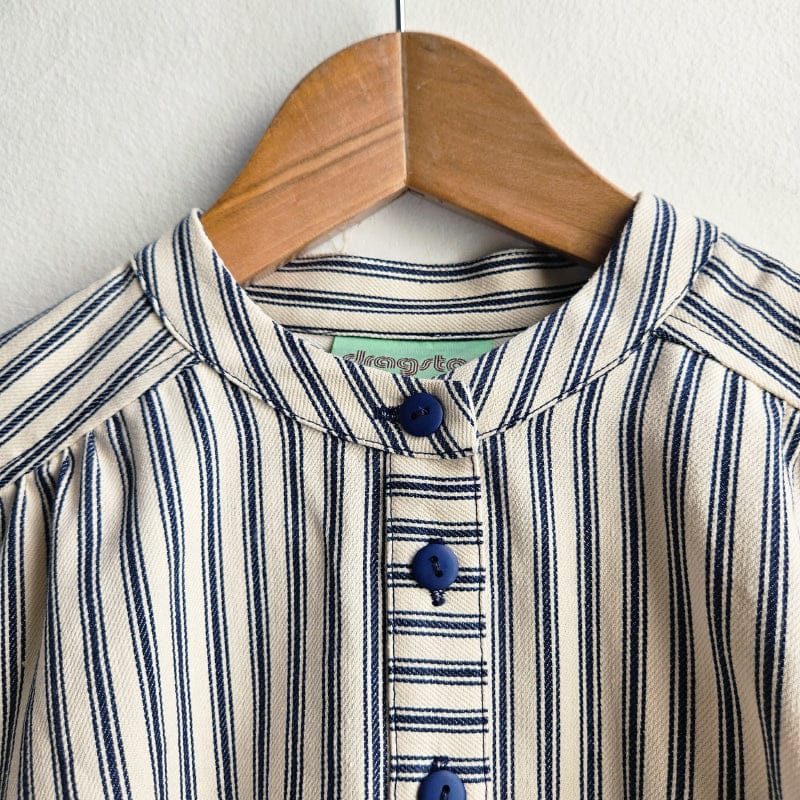 Dragstar made in sydney. Stand Collar Shirt Ticking Stripe. Deadstock fabric. Designer Newtown Inner West