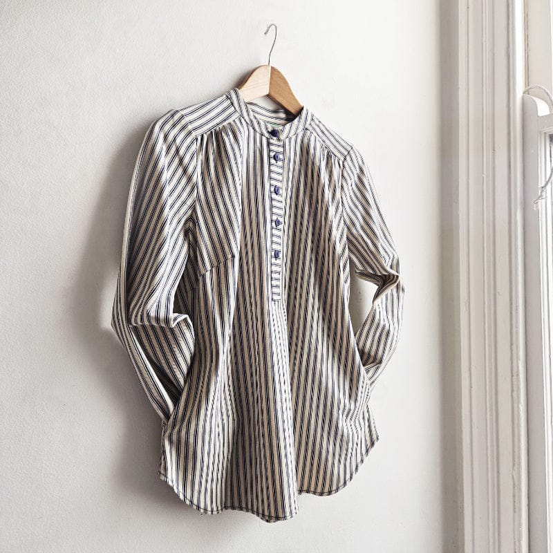 Dragstar made in sydney. Stand Collar Shirt Ticking Stripe. Deadstock fabric. Designer Newtown Inner West