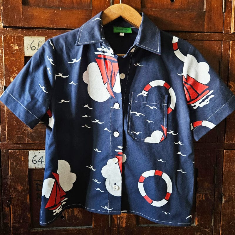 Katie Cropped Shirt Navy Cotton Boat Print