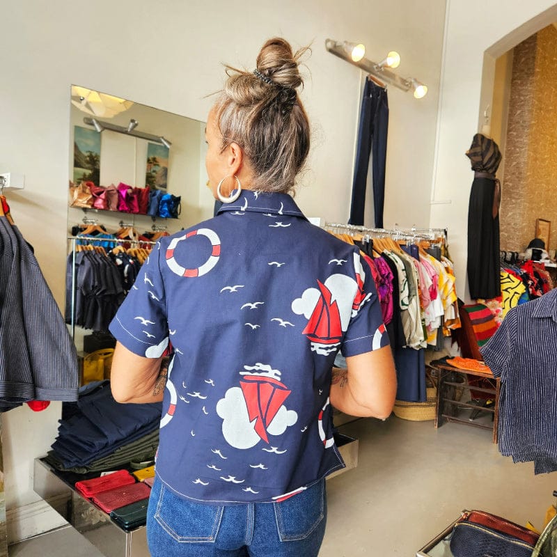 Katie Cropped Shirt Navy Cotton Boat Print
