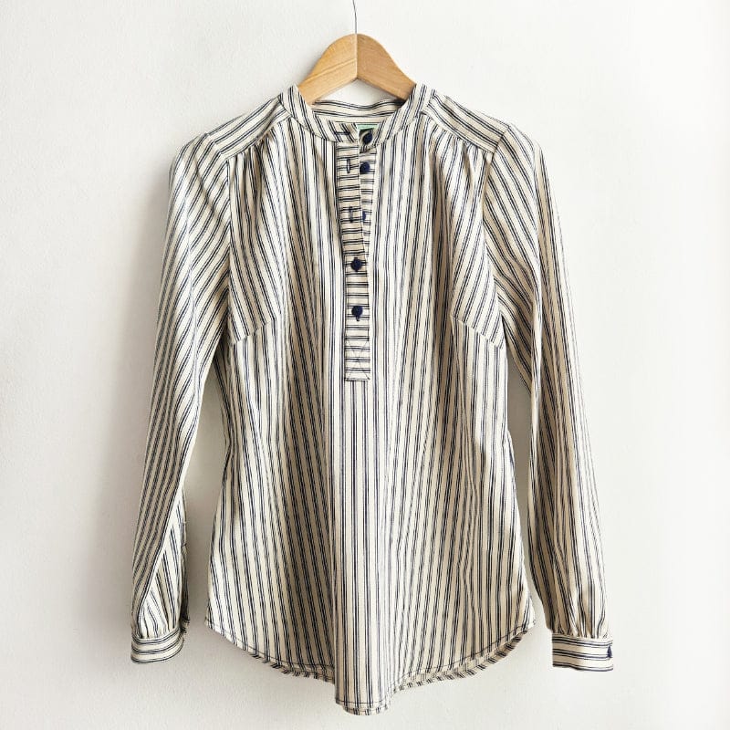 Dragstar made in sydney. Stand Collar Shirt Ticking Stripe. Deadstock fabric. Designer Newtown Inner West