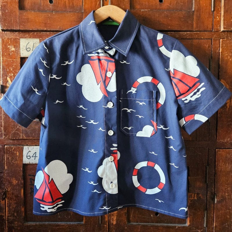Katie Cropped Shirt Navy Cotton Boat Print