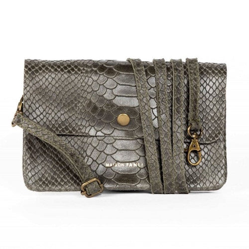 Maison Fanli Leather Crossbody/Clutch Bag - Snake Khaki
