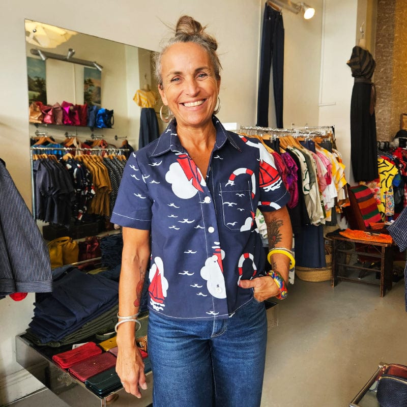 Katie Cropped Shirt Navy Cotton Boat Print