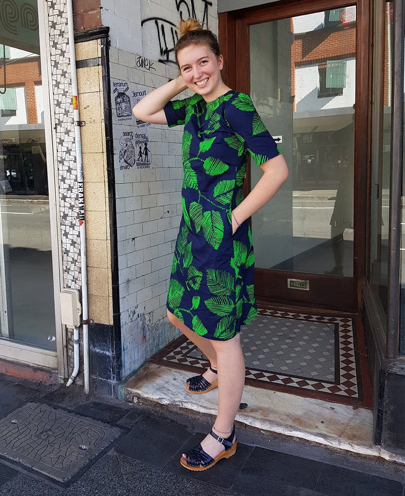 Dragstar Rolled Cuff Dress - navy green leaf print cotton Ethical womens fashion made in Sydney