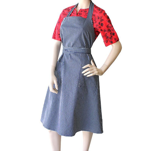 Dragstar Wrap around Apron Dress in Navy and White Striped Denim Ethical womens fashion Slow Fashion made in Sydney Australia