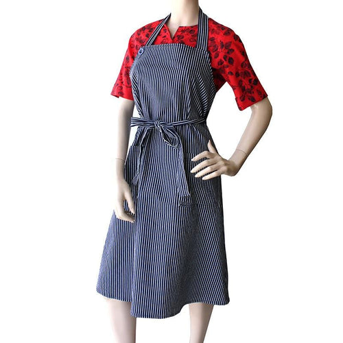 Dragstar Wrap around Apron Dress in Navy and White Striped Denim Ethical womens fashion Slow Fashion made in Sydney Australia