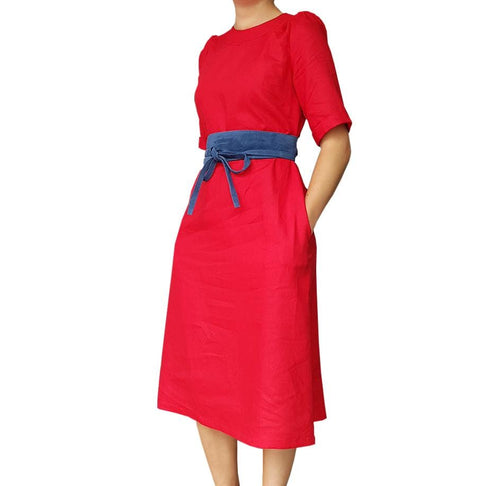 Dragstar Rolled Cuff Dress - red cotton linen blendEthical womens fashion made in Sydney