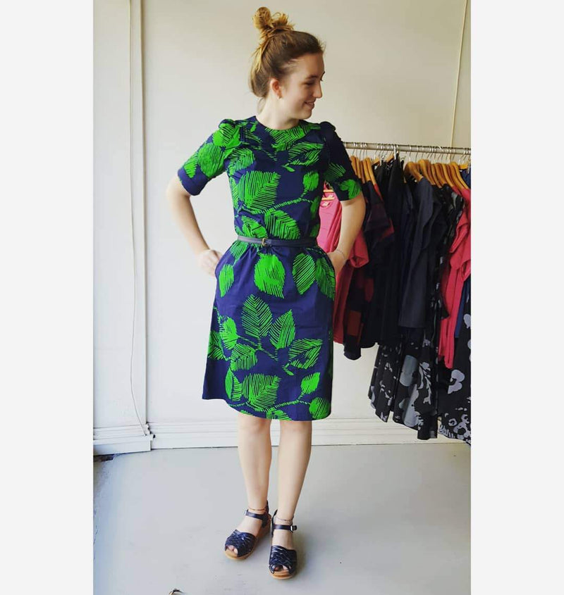 Dragstar Rolled Cuff Dress - navy green leaf print cotton Ethical womens fashion made in Sydney