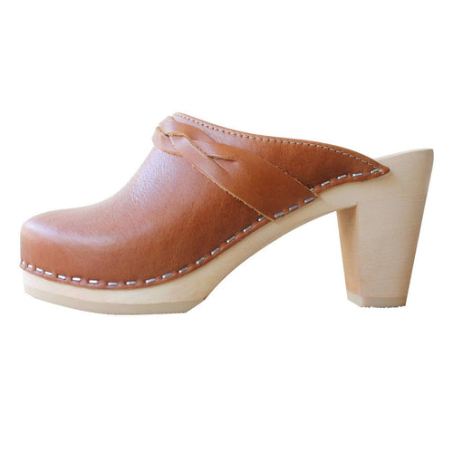 Stockholm Clog With Braid - Tan leather High Heal hand made clogs